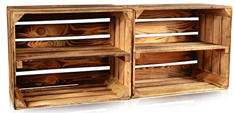 CHICCIE 2 Set Neue Vintage Holzkiste mit Ablage vom Werk (Quer)- Gebrannt Geflammt - Obstkiste - Weinkiste - Natur Used Look