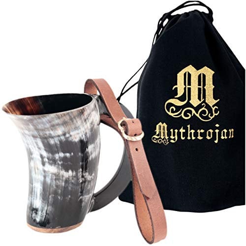Mythrojan Hot Horn Mug Tankard with Leather Strap Safely Holds Hot and Cold Liquids Coffee Hot Chocolate Wine Beer Mead 300ML