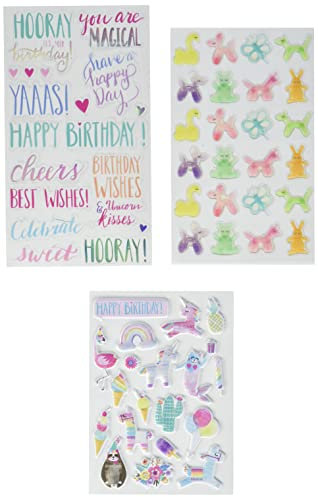 Rayher 50038000 Sticker Mix Magical, 63 Sticker mit Effekten, 3 Bögen, Aufkleber, Effekt-Sticker, Motivsticker, Eis, Tiere, Kakteen, Blumen, Einhörner, Regenbogen, Texte u.v.m.