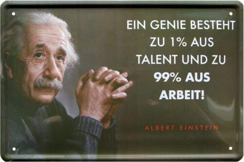 WOGEKA ART Blechschild - Genie besteht aus 1% Talent und 99% Arbeit Albert Einstein - witziger Spruch als Geschenk-Idee zu Geburtstag Weihnachten Deko 20x30 cm Vintage-Design 950