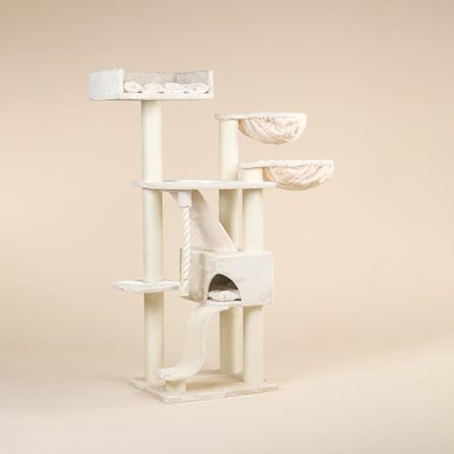RHRQuality Kratzbaum für große Katzen – Kilimandjaro de Luxe Plus – 195 cm hoch – mit 12 cm Sisalstämmen & luxuriösem Liegeplatz – Creme