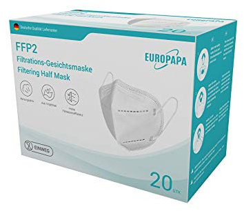 EUROPAPA Lot de 20 masques respiratoires FFP2 Blanc 5 couches de protection anti-poussière emballés individuellement - Certifiés EN149:2001+A1:2009 - EU2016/425