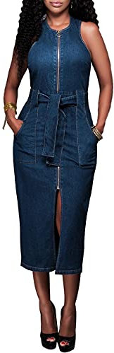 SOMTHRON Damen Jeanskleid mit Gürtel Sommer Bodycorn Ärmelloses Büro Kleider Elegent Sexy Slim Denim Strankleid mit Reißverschluss Stretch-Material Midikleid Bleistiftrock