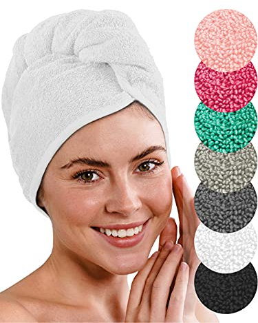 LAYNENBURG 2er-Set Premium Haarturban mit Knopf aus 100% Baumwolle - Haar-Handtuch inkl. 8 Haargummis - für Kurze und Lange Haare – Turban Handtuch ist schnelltrocknend und saugstark (weiß)