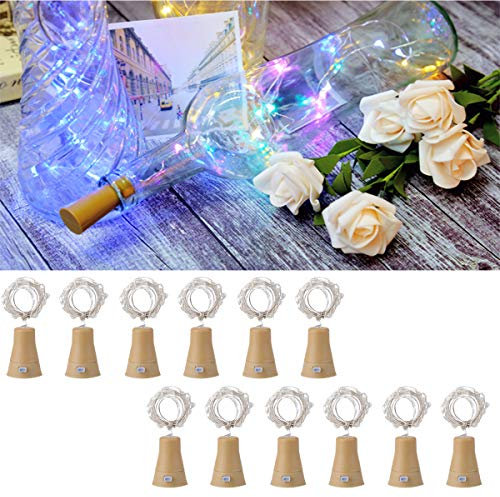 12 Pack 20 LED Wine Bottle Lights with Cork, Solar Powered Cork Shape Silver Copper Wire 20 LED Fairy String Lights for DIY, Bar, Party, Decor, Christmas, Halloween, Wedding(Multicolor, Solar powered)