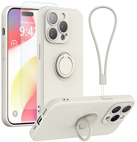 pcgaga Silicona Funda para iPhone 14 Pro MAX con Protector Pantalla, [Protección de la Cámara] [Forro de Microfibra] [Soporte para Anilla] [Correa de Muñeca] Carcasa Protectora, 6.7'' (Blanco)