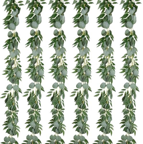Cekene 6PCS 39Ft Artificial Eucalyptus Garland with Willow Leaves Faux Hanging Eucalyptus Vines Plastic Fake Greenery Plant for Table Wall Wedding Arch Garden Party Indoor Outdoor Decor