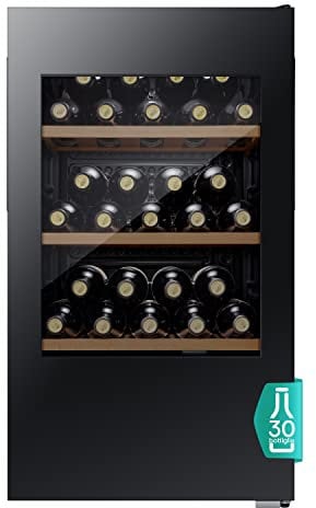 Hisense RW12D4NWG0-Cantina 30 Bottiglie, Monotemperatura, Vetri Anti UV, Ripiani, Display Touch, Illuminazione LED Cantine Vino, Legno, Nero, Regular