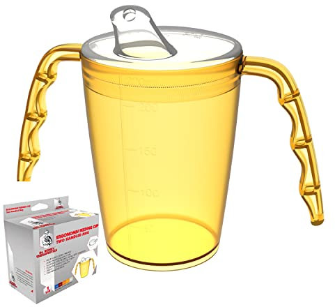 Two handled adult drinking cup 220 ml Yellow with spouted lid small opening plastic mug for enhanced ergonomics, mug for secure grip even with shaky hands drinking aid, cup for the care, feeding cup