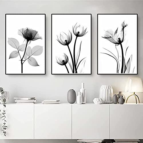 EXQUILEG 3-teiliges Premium Poster Set, Aesthetic Blume Schwarz Weiß Bilder Leinwand Kunstposter Moderne Wandbilder für Wohnzimmer Deko (B,40 x 50 cm)