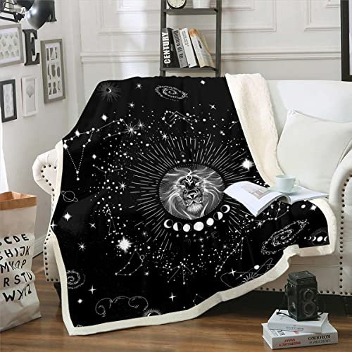 Leo Wurf Decke 100x130cm für Couch Zodiac Astrologie Sherpa Decke, Psychedelic Himmlische Vlies Decke Lila Galaxie Decke, Hippie Space Cosmos Bett Decke Mikrofaser, Weiß Schwarz