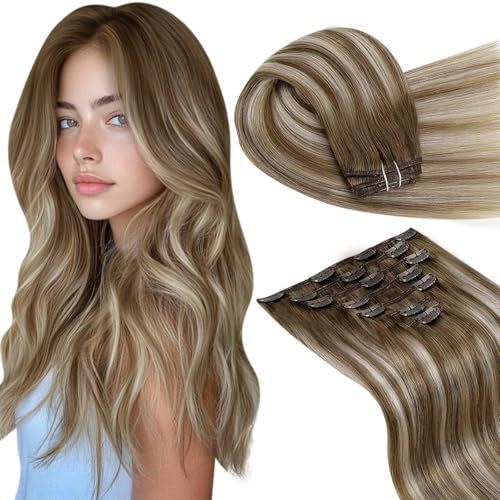 LaaVoo Echthaar Clip in Extensions Blond Balayage Echthaar Extensions Clips Doppelt Tressen Clips Extensions Echthaar Ombre Hellbraun Blond 105g 7pcs #8/60/8 45cm