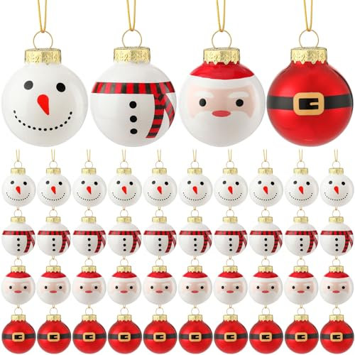 Liliful 40 Stück Weihnachten Glas Weihnachtsmann und Schnalle Kugel, 25 mm rot und weiß Weihnachtskugel Ornamente zarte Malerei Weihnachtsbaum Anhänger Vintage Baum hängende Ornamente Kugeln für