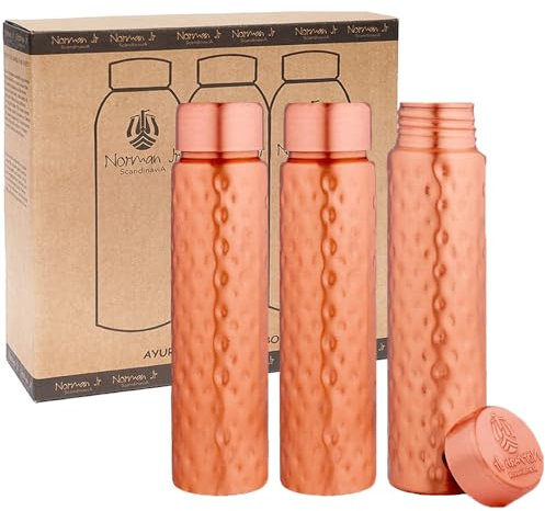 NORMAN JR,Slim Hammered Copper Bottle 550ml - A 100% Pure Copper Ayurvedic Bottle with Good Health Benefits - Pack of 3 Bottles