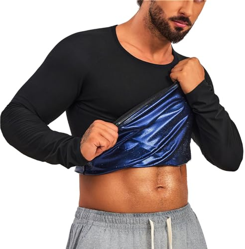 Sauna Sweat Suits Shirt for Men Compression Waist Trainer Vest Workout Gym Clothes Sweat Enhancing Long Sleeve, Schwarz, Large