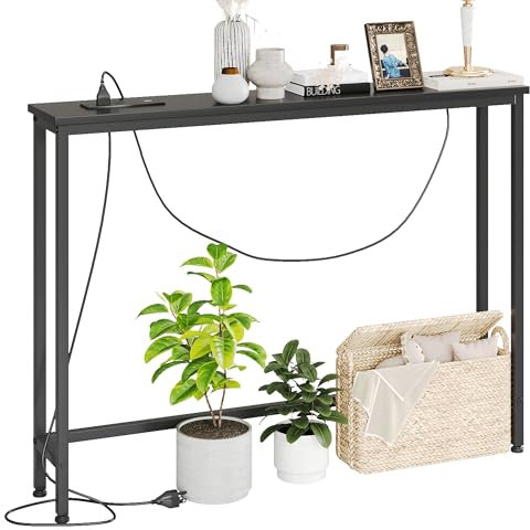 VERMESS Console Table with Power&USB Ports, 30cm Narrow Side Table for Small Space, Wooden Console Table with Metal Frame, Sturdy Sofa Side Table/Hallway Entryway Table for Living Room, Black