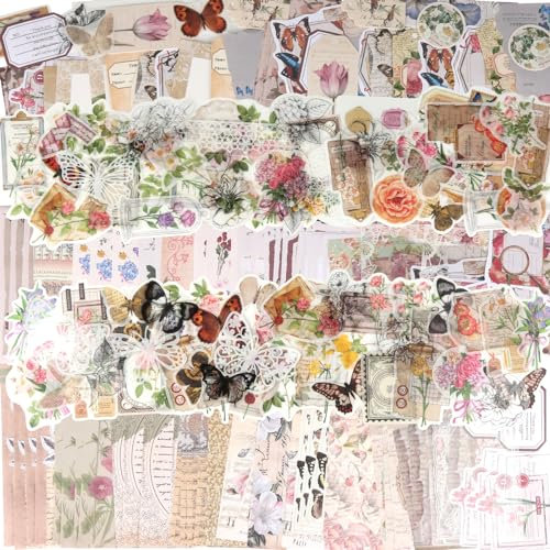 GUOYIHUA 260 Stück Scrapbooking Sticker Set, Vintage Pflanzen Schmetterling Blumen Bastelpapier Scrapbook Zubehör, für Scrapbooking, Fotoalben, Kalender und Bullet Journal Dekorationen