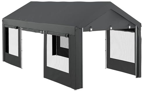 Outsunny Gazebo da Giardino per Auto e Feste, Carport Auto con Altezza Regolabile, 4 Porte e 4 Finestre, 6x3m Grigio Scuro