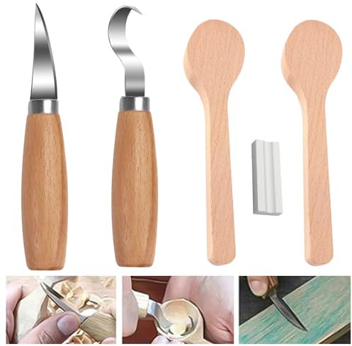 HEKOBAG Set d'outils de sculpture sur bois, Outils Sculpture Bois Couteau à sculpter le bois incurvé Couteau à découper Copeaux avec Pierre à Aiguiser pour sculpter cuillères bols tasses de travers