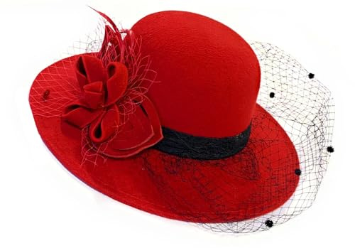 Caprilite Fascinator mit großer Krempe, Filz, Fedora, Wollmischung, für verschiedene Anlässe, rot, Einheitsgröße