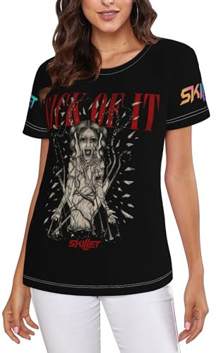 Śkillet%Rock Band T Shirts for Women Summer Basic Tops Crewneck Short Sleeve Casual Slim Fit Tee Fashion 3D Print tee Tops for Sport Home,XXL