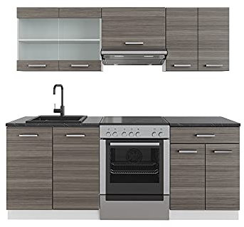 Vicco Küchenzeile R-Line, Küchenblock, Edelgrau/Weiß, 200 cm, AP Anthrazit