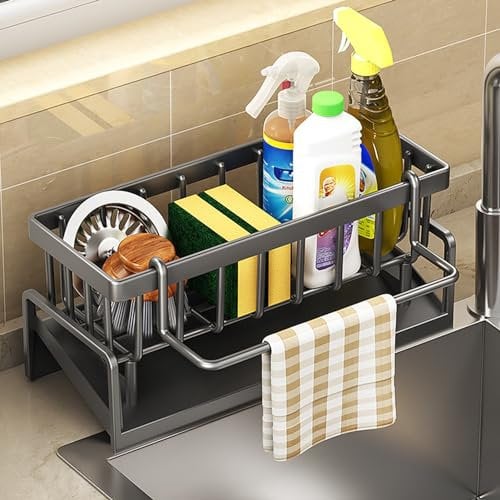 JJIW Sink Caddy, Kitchen Sink Organiser with Hook (Punch-Free Installation), Kitchen Accessories - Stainless Steel Dishcloth Sponge Holder for Kitchen Storage & Organisation(Black)