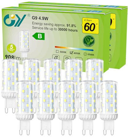 GY G9 LED Lampe Neutralweiss 4000K, Neutralweiß LED Leuchtmittel,4.9W ? 75W, 908 Lumen, Flackerfrei, Nicht Dimmbar, Energiesparende Birnen (Große Ausführung) - Für offene Fassungen, 10er Set