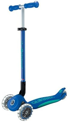 GLOBBER Primo Foldable Plus Lights Roller – Tretroller Kinder ab 3 Jahre - Scooter 120/80 mm - ABEC 5, 3-rädrig mit LED Rollen – höhenverstellbar – dunkelblau-türkis