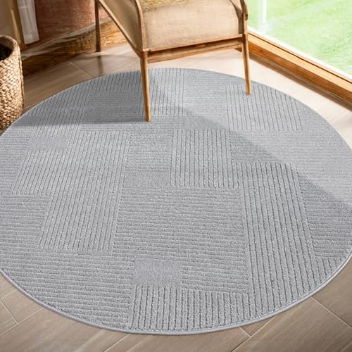 payé Teppich Rund Kurzflor Grau 160x160cm Geometrisch Gestreifte Muster mit Hoch-Tief-Effekt, 3D Effekt, Weich