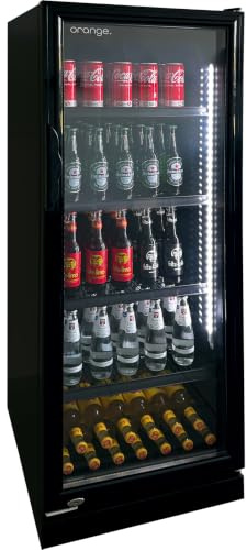 orange . | 230L Profi-Getränkekühlschrank Black Edition | Umluftkühlung & Glastür | Vertikale LED | Komplett Schwarz | 53cm Breite Gewerbekühlschrank Abschließbar