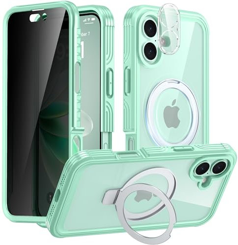 Oterkin 360° Protection Magnetic for iPhone 16 Case Built-in 9H Privacy Screen Protector & Metal Stand[Fit for Magsafe][Anti-Spy][Lens Protector] Heavy Duty Shockproof Phone Case for iPhone 16, Green