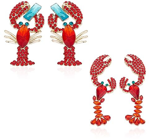 UNICRAFTALE 2 Paar Rote Langustenförmige Strass Perlen Ohrringe - Süße Meerestier Ohrringe - Einzigartiger Strand Mode Urlaubsschmuck - Geschenk für Frauen