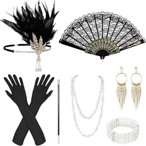 9 Stück 20er Jahre Accessoires,Great Gatsby Accessoires Damen,Handschuhen,Perlenkette,Flapper Stirnband,Ohrringen,Spitze Faltfächer,Armband,Charleston Accessoires Damen für 20er Jahre Thema Party