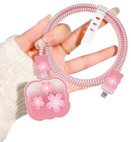 Cute Charger Cable Protector for Apple 20W USB-C Power Adapter with Cherry Blossom Pattern, Soft Silicone Clear Data Cable Case Wire Saver Cord Charger Protector for iPhone Adapter