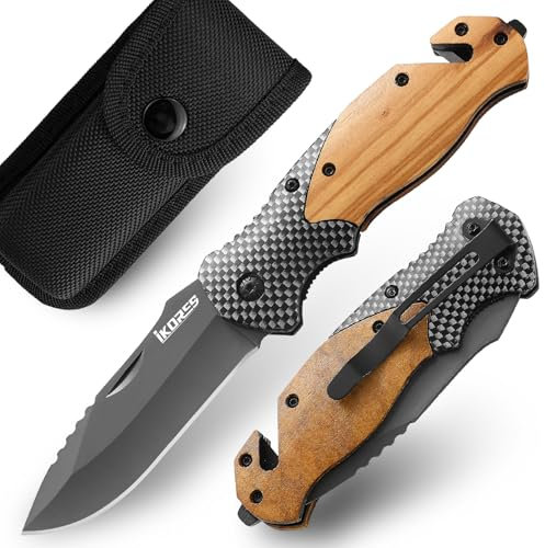 IKORES Klappmesser (Zweihandmesser),Taschenmesser mit Holzgriff und Nylonscheide,Edc Messer mit Taschenclip,für Camping, Wandern