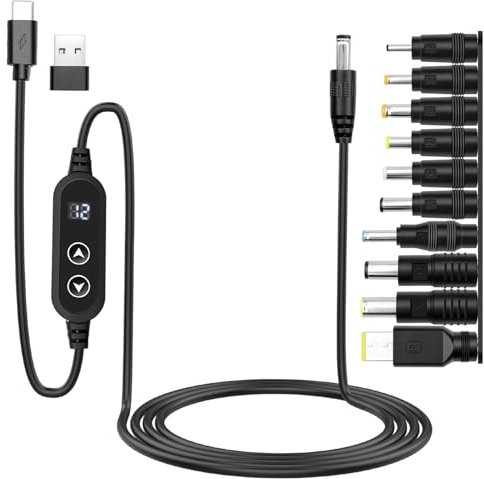Giantdeer Cable Adaptador PD a CC, Adaptador de Cable de Enchufe Tipo C con Interruptor de Encendido/Apagado, 5V, 9V, 12V, 15V, 20V, Voltaje Ajustable, Cable de Alimentación con 10 Cabezales