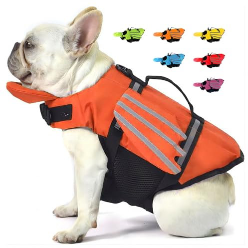 Giubbotti di Salvataggio Per Cani con Ali Giubbotto Salvagente Per Animali Domestici con Mento Galleggiante Salvagente Gilet con Manico e Riflettente per Nuoto e Barca Arancione S