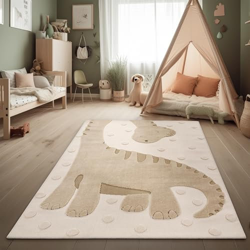 Paco Home Kinderteppich Moderner Spielteppich Kinderzimmer 3D-Effekt Naturtöne weicher Flor robust & pflegeleicht Schlingenstruktur Dino-Motiv Beige Creme Charcoal, Grösse:120x160 cm
