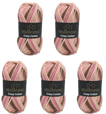 5 x 100g Wollbiene Crazy Cotton Batik 500 Gramm mit Farbverlauf 55% Baumwolle mehrfarbig Multicolor Strickwolle Häkelwolle Wolle Ganzjahreswolle (8219 braun rosa beige)