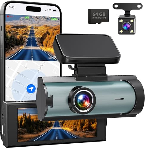 Dash Cam Auto Anteriore e Posteriore, WiFi 1080P con Scheda SD 64GB Inclusa, Doppia Telecamera, Display IPS 3, Visione Notturna, G-Sensor, Parcheggio, Controllo App (Nero)