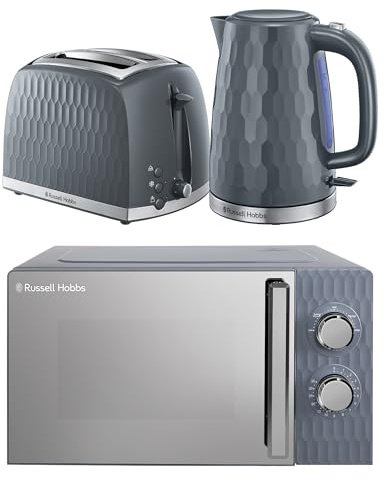 Russell Hobbs Honeycomb Grey Kitchen Set, 1.7L 2400W Kettle, 2 Slice Toaster with Dual Browning Levels & 17L 700W Microwave with 5 Power Levels, Defrost & Reheat Functions HCBNDL2G