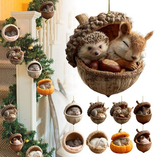 8Pcs Weihnachtsbaumschmuck Waldtier Eichels Ornamente, Tier Hängenden Weihnachtsschmuck Anhänger, Niedliche Eicheln Und Tannenzapfen Acryl Waldtier Christbaumschmuck, Kaminsims, Wohnzimmer Ornament,2D