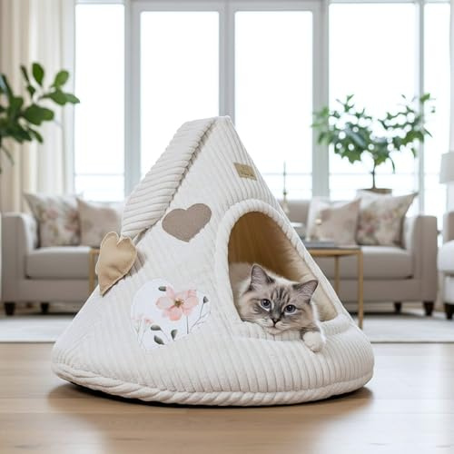 PRASKA Rattle CAT Cap Love Natural Katzenhöhle 50 cm – Tipi-Bett mit integrierter Rassel-Spielzeug, herausnehmbarem Kissen, Herz-Applikationen & Stabiler Form – gemütlich & waschbar