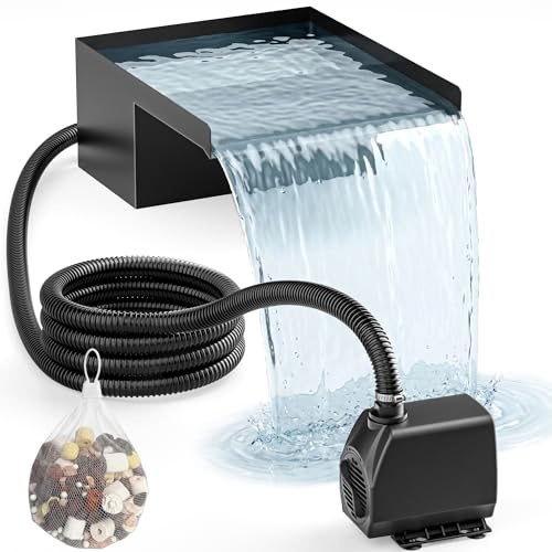 PONDIA Kit Cascata per Laghetto Esterno 20 cm: Versatore Cascata in Acciaio Inox 304 con Pompa 2500 L/h, Tubo Antigelo 4 m e Cavo 4 m – Set Completo per Fontana a Cascata per Giardino e Piscina