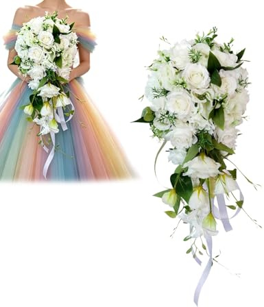 JORCEDI weißer künstlicher Rosen Brautstrauß mit Grünpflanzen & Satinbändern, Wasserfall Hochzeitsstrauß für Braut Fotoshooting Dekoration (White)