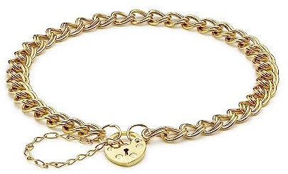 CARISSIMA Women's 9ct Yellow Gold Double Semi Hollow Panza Heart Padlock Bracelet of 18cm/7