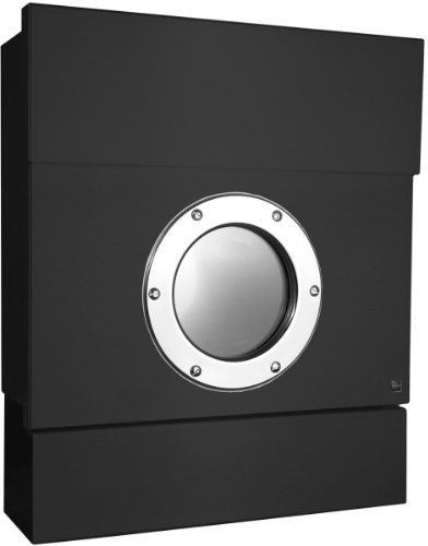 Radius Design Briefkasten Letterman 2 schwarz (RAL 9005), Zeitungsrolle, Sichtfenster und Schloss, Wandbriefkasten mit Zeitungsfach und Fenster, Postkasten Letterman II mit Bullauge