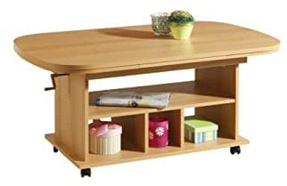 Hela Tische, Funktionscouchtisch Babsi, Holzwerkstoff melaminbeschichtet, Buche, höhenverstellbar 53-63cm, ausziehbar 107-157cm, auf Rollen