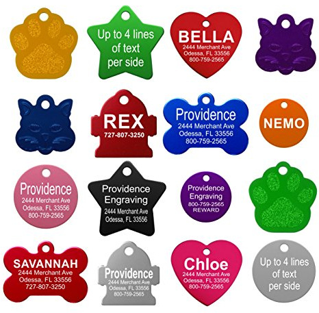 Providence Engraving Pet ID Tags - Small or Large Personalized Anodized Aluminum Pet Tags in Bone, Round, Star, Heart, Hydrant, Paw and Cat Face Shapes and 9 Colors for Dog and Cat